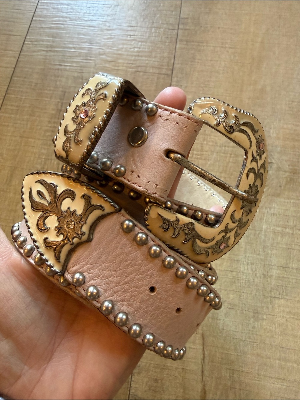 Y2K Leatherock USA Pink Western Leather Belt Ornate Embellished Boho Rodeo L 36